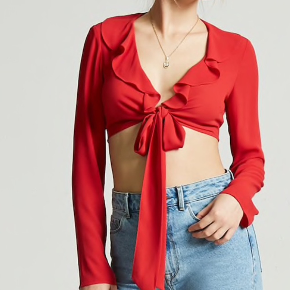 Red sheer ruffle crop top NWT